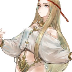Rule 34 | 1girl, bare shoulders, blonde hair, blue eyes, closed mouth, collarbone, glint, highres, japanese clothes, long hair, miko, nightmare-kck, original, red headwear, simple background, sketch, solo, white background
