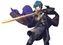 Rule 34 | 5koji, absurdres, armor, black armor, black gloves, blue eyes, blue hair, byleth (fire emblem), byleth (male) (fire emblem), cape, dagger, fire emblem, fire emblem: three houses, gloves, greaves, heroes relic (fire emblem), highres, holding, holding sword, holding weapon, knife, nintendo, open mouth, sheath, sheathed, simple background, sword, sword of the creator, weapon, white background
