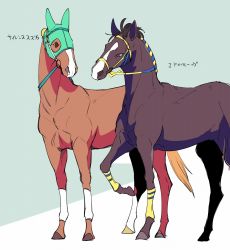 Rule 34 | 2others, ahoge, air groove (racehorse), bridle, ear covers, highres, horse, mask, multiple others, no humans, real life, silence suzuka (racehorse), simple background, takatsuki nato, white background