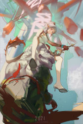 Rule 34 | absurdres, arknights, artstation sample, china dress, chinese clothes, dress, high heels, highres, image sample, lantern, nian (arknights), nian (unfettered freedom) (arknights), pointy ears, rabbit (tukenitian), sitting, tail, white dress, white hair