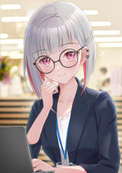 1girl absurdres black-framed_eyewear black_jacket blurry blurry_background blush bob_cut closed_mouth collarbone colored_inner_hair commentary_request computer diagonal_bangs earclip glasses grey_hair hair_ornament highres indoors inverted_bob jacket kobassy lanyard laptop link!_like!_love_live! looking_at_viewer love_live! multicolored_hair office_lady open_clothes open_jacket red_eyes red_hair round_eyewear shirt short_hair smile solo streaked_hair suit_jacket v-neck virtual_youtuber white_shirt x_hair_ornament yugiri_tsuzuri