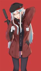 Rule 34 | 1girl, assault rifle, beret, black hat, black jacket, black skirt, black thighhighs, blush, brown coat, coat, commentary, facial mark, girls&#039; frontline, gloves, green eyes, gun, h&amp;k hk416, hair between eyes, hat, head tilt, heckler &amp; koch, hk416 (girls&#039; frontline), inniyik, jacket, long hair, long sleeves, name connection, object namesake, open clothes, open coat, parted lips, pleated skirt, red background, rifle, silver hair, simple background, skirt, solo, suppressor, thighhighs, very long hair, weapon, white gloves