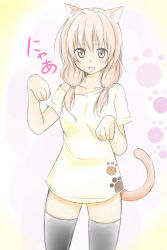 Rule 34 | 1girl, animal ears, bad id, bad pixiv id, bare shoulders, blush, brown eyes, brown hair, cat ears, cat tail, cowboy shot, fang, graphite (medium), highres, long hair, low-tied long hair, mixed media, nyan, off shoulder, open mouth, original, paw pose, paw print, sekiyu., shirt, solo, t-shirt, tail, thighhighs, traditional media, twintails, zettai ryouiki