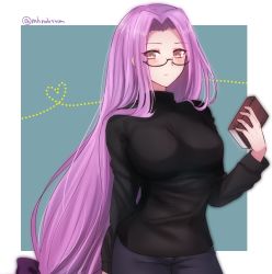 Rule 34 | 1girl, absurdres, black-framed eyewear, black sweater, blush, book, bow, breasts, brown eyes, closed mouth, commentary request, contrapposto, denim, fate/stay night, fate (series), green background, hair ribbon, heart, highres, holding, holding book, jeans, large breasts, long hair, long sleeves, medusa (fate), medusa (rider) (fate), pants, purple bow, purple eyes, purple hair, ribbon, semi-rimless eyewear, smile, solo, square pupils, standing, sweater, tanaji, tress ribbon, twitter username, under-rim eyewear, upper body, very long hair