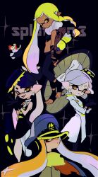 Rule 34 | 4girls, :d, agent 3 (splatoon), agent 3 (splatoon 3), asymmetrical hair, backpack, bag, black background, black dress, black gloves, black hair, blonde hair, blue hat, bottle, bow-shaped hair, braid, brown bag, callie (splatoon), coat, copyright name, cousins, cross-shaped pupils, dark-skinned female, dark skin, dress, earpiece, earrings, eyebrow cut, food, food on head, gloves, grey hair, hat, headgear, holding, holding umbrella, imaikuy0, inkling, inkling girl, inkling player character, jewelry, long hair, marie (splatoon), mole, mole under eye, multiple girls, neck ring, nintendo, object on head, oil-paper umbrella, open mouth, orange eyes, orange hair, pantyhose, patchwork clothes, peaked cap, pointy ears, salmonid, short dress, short hair, smallfry (splatoon), smile, splatoon (series), splatoon 3, strapless, strapless dress, symbol-shaped pupils, tentacle hair, umbrella, umbrella over shoulder, very long hair, water bottle, white coat, white pantyhose, yellow eyes