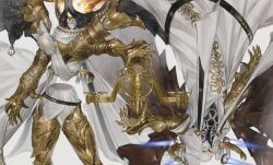 Rule 34 | 2boys, absurdres, armor, closed eyes, closed mouth, dual persona, final fantasy, final fantasy xiv, fire, gauntlets, gold armor, highres, horns, multiple boys, nald&#039;thal, rotational symmetry, tladpwl03, weighing scale, wings