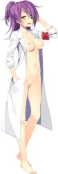 Rule 34 | 1girl, absurdres, bare legs, barefoot, breasts, breasts out, censored, eyepatch, full body, game cg, hands in pockets, highres, juukishi cutie bullet, kawasaki maiko, lab coat, lab coat, medium breasts, mosaic censoring, naked labcoat, nipples, ponytail, purple hair, solo, transparent background, white background, yellow eyes, yuuki hagure