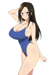 Rule 34 | 10s, 1girl, arm up, bare shoulders, black hair, blush, breasts, brown eyes, cleavage, competition school swimsuit, curvy, female focus, highleg, highleg swimsuit, highres, huge breasts, idolmaster, idolmaster cinderella girls, kagemusha, long hair, looking at viewer, mukai takumi, one-piece swimsuit, school swimsuit, shiny skin, simple background, smile, solo, swimsuit, thighs, white background
