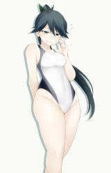 Rule 34 | 10s, 1girl, bare shoulders, black hair, blue eyes, blush, breasts, competition swimsuit, covered navel, embarrassed, grin, houshou (kancolle), kantai collection, long hair, one-piece swimsuit, ponytail, shigino sohuzi, smile, solo, standing, swimsuit
