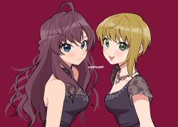 Rule 34 | 2girls, ahoge, bare shoulders, black dress, blonde hair, blue eyes, blush, breasts, cleavage, closed mouth, collarbone, dress, from side, green eyes, hair between eyes, ichinose shiki, idolmaster, idolmaster cinderella girls, idolmaster cinderella girls starlight stage, jewelry, lazy lazy (idolmaster), long hair, looking at viewer, medium breasts, miyamoto frederica, multiple girls, necklace, open mouth, red background, red brooch, see-through, see-through cleavage, see-through sleeves, short hair, short sleeves, simple background, sleeveless, sleeveless dress, smile, tarako oniyon, upper body, wavy hair