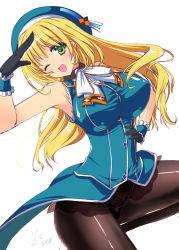 Rule 34 | 10s, 1girl, :d, atago (kancolle), ayuhara hiiro, bad id, bad pixiv id, black gloves, black panties, blonde hair, blue hat, blush, breast rest, breasts, covered erect nipples, gloves, green eyes, hand on own hip, hat, huge breasts, kantai collection, lace, lace-trimmed panties, lace trim, long hair, looking at viewer, military, military uniform, one eye closed, open mouth, panties, panties under pantyhose, pantyhose, personification, salute, simple background, smile, solo, underwear, uniform, white background, wink