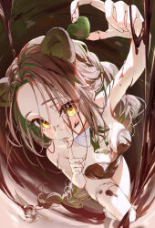 Rule 34 | 1girl, animal ears, bear ears, bear girl, braid, breasts, brown hair, brown leotard, candy, chocolate, chocolate heart, chocolate on body, chocolate on breasts, commentary, crown braid, detached collar, finger to mouth, food, food on body, glasses, green hair, green ribbon, heart, highres, holding, holding candy, holding food, leotard, long hair, looking at viewer, medium breasts, misekiss, multicolored hair, neck ribbon, open mouth, original, outstretched arm, ribbon, single thighhigh, solo, strapless, strapless leotard, streaked hair, symbol-only commentary, thighhighs, valentine, very long hair, white thighhighs, yellow eyes