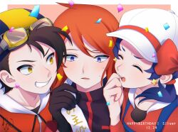 Rule 34 | 1girl, 2boys, backwards hat, blue overalls, blush, brown hair, closed eyes, commentary request, confetti, cowlick, creatures (company), ethan (pokemon), game freak, gloves, goggles, goggles on headwear, grin, hana e (ka e0128), hat, highres, holding, jacket, kris (pokemon), multiple boys, nintendo, open mouth, overalls, pokemon, pokemon adventures, purple eyes, red jacket, shirt, short hair, silver (pokemon), smile, sweat, teeth, white headwear, yellow eyes