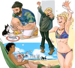 Rule 34 | 2girls, 3boys, absurdres, affectionate, beach, beard, bikini, blonde hair, blue sky, breasts, cat, character request, closed eyes, cloud, dark-skinned male, dark skin, day, dungeon meshi, dwarf, elf, facial hair, feeding, flower, full body, hair flower, hair ornament, hairy, hawaiian shirt, highres, holding, holding clothes, holding swimsuit, horizon, kabru, long beard, multiple boys, multiple girls, ocean, outdoors, papi kyo, pointy ears, sand, senshi (dungeon meshi), shirt, short shorts, shorts, skinny, sky, small breasts, standing, swimsuit, thick arm hair, thick leg hair, thick mustache, tongue, tongue out, water, waving