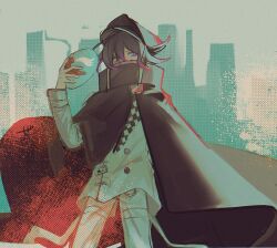 Rule 34 | 1boy, black cape, black hair, black headwear, buttons, cape, checkered clothes, checkered scarf, covered mouth, danganronpa (series), danganronpa v3: killing harmony, feet out of frame, grey background, grey jacket, grey pants, hand up, highres, holding, holding mask, jacket, long sleeves, mask, oma kokichi, pants, pink eyes, pink hair, scarf, solo, unworn mask, ze ro saiji