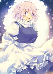 Rule 34 | 1girl, :d, blue eyes, blush, breasts, crop top, crop top overhang, dress, female focus, gradient background, iroyopon, juliet sleeves, large breasts, layered dress, letty whiterock, long sleeves, looking at viewer, no headwear, open mouth, puffy sleeves, round teeth, smile, snow, solo, teeth, touhou, turtleneck, white hair