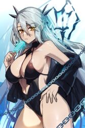 Rule 34 | 1girl, arbiter the hermit ix (azur lane), azur lane, bare shoulders, bikini, black bikini, black horns, black jacket, breasts, chain, cleavage, closed mouth, commission, cowboy shot, food, grey hair, hand on own hip, highres, holding, holding food, holding popsicle, horns, jacket, large breasts, long bangs, long hair, looking at viewer, maitei roppa, off shoulder, open clothes, open jacket, pixiv commission, popsicle, siren (azur lane), solo, swimsuit, white hair, yellow eyes