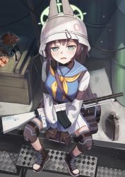 Rule 34 | annoyed, barrel, black hair, blue archive, blue eyes, blush, boots, breasts, canteen, commentary request, crate, food, gloves, gun, halo, helmet, highres, knee pads, light machine gun, looking at viewer, medium breasts, saki (blue archive), school uniform, serafuku, short hair, sitting, tactical clothes, weapon, yanoyoru