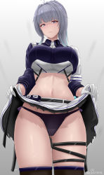 Rule 34 | 1girl, archstreal, black panties, blush, breasts, closed mouth, clothes lift, from below, gloves, grey hair, highres, large breasts, lifting own clothes, long sleeves, looking at viewer, medium hair, mole, mole under eye, navel, original, panties, ponytail, purple eyes, skirt, skirt lift, solo, strealia rinne (archstreal), thigh strap, thighhighs, thighs, underwear, white gloves, white skirt