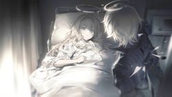 Rule 34 | 1boy, 1girl, arknights, artist request, bed, bed sheet, broken halo, cecelia (arknights), child, enforcer (arknights), from behind, grey eyes, halo, highres, hospital, hospital bed, jacket, long hair, looking at another, official art, parted lips, pillow, short hair, standing, white hair, wings