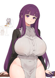 Rule 34 | 2girls, blunt bangs, breasts, expressionless, fern (sousou no frieren), frieren, highres, huge breasts, large breasts, long hair, looking at viewer, multiple girls, panana, pointy ears, purple eyes, purple hair, sousou no frieren, thick thighs, thighs