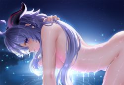 Rule 34 | 1girl, ahoge, all fours, backlighting, bathing, blue hair, breasts, closed mouth, commentary request, completely nude, from side, ganyu (genshin impact), genshin impact, highres, horns, long hair, looking at viewer, looking to the side, medium breasts, neit ni sei, night, night sky, nude, outdoors, profile, purple hair, revision, sideboob, sideways glance, sky, solo, very long hair, water