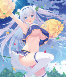 Rule 34 | 1girl, :d, arm up, armpits, bare shoulders, blue eyes, blue shirt, blue skirt, breasts, cheerleader, cloud, crop top, crop top overhang, day, flower knight girl, hairband, holding, holding pom poms, kinutasou (flower knight girl), large breasts, leg up, long hair, looking at viewer, midriff, miniskirt, naruse mamoru, navel, no bra, open mouth, outdoors, pom pom (cheerleading), pom poms, shirt, silver hair, skirt, sky, sleeveless, sleeveless shirt, smile, solo, stomach, sun, sunlight, thighhighs, thighs, two side up, underboob, very long hair, white thighhighs