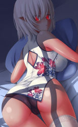 Rule 34 | 1girl, ahsiu, ass, bare shoulders, bed, blush, breasts, cameltoe, china dress, chinese clothes, dark-skinned female, dark skin, dress, elf, female focus, from behind, glowing, glowing eyes, highres, large breasts, looking at viewer, looking back, original, panties, pointy ears, red eyes, shiny skin, short hair, sideboob, solo, thighhighs, underwear, white hair