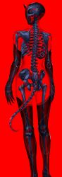 Rule 34 | 1girl, absurdres, full body, highres, horns, humanoid robot, mechanical parts, original, red background, red theme, ribs, robot, science fiction, simple background, skeleton, solo, spine, standing, tail, teru by m