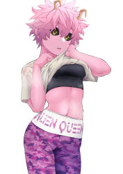 Rule 34 | 1girl, absurdres, ashido mina, black sclera, boku no hero academia, breasts, camouflage, clothes lift, colored sclera, colored skin, highres, kobaji, leggings, open clothes, open shirt, pink hair, pink skin, purple skin, shirt, shirt lift, short hair, sports bra, sportswear, stomach, t-shirt, underwear, unitard, wet, wet clothes, white background, wiping sweat, wpii, yellow eyes
