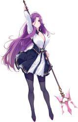 Rule 34 | 1girl, breasts, cleavage, collared shirt, eyes visible through hair, full body, grey eyes, hair blowing, heart, highres, holding, holding polearm, holding spear, holding weapon, large breasts, long hair, looking at viewer, minasae juri, official art, omega labyrinth, omega labyrinth life, pantyhose, pigeon-toed, polearm, purple hair, school uniform, shirt, smile, solo, spear, thighhighs, transparent background, trident, u35, weapon, wind, wind lift
