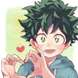 Rule 34 | 1boy, blue hoodie, blush, boku no hero academia, border, commentary request, drawstring, freckles, green background, green eyes, green hair, heart, heart hands, hood, hood down, hoodie, looking at viewer, male focus, midoriya izuku, morino (ktdk 0141), open mouth, outside border, portrait, scar, scar on hand, short hair, smile, solo, white border