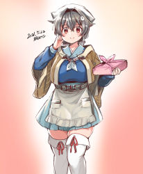Rule 34 | 1girl, apron, artist logo, bandana, blue sailor collar, blue serafuku, blue skirt, blush, breasts, commentary request, cowboy shot, dated, gradient background, grey hair, hair flaps, hair ornament, hair ribbon, hairclip, headgear, highres, jingei (kancolle), kantai collection, kirisawa juuzou, large breasts, long hair, looking at viewer, low ponytail, neckerchief, pleated skirt, plump, red background, red eyes, ribbon, sailor collar, school uniform, serafuku, shawl, skirt, smile, solo, standing, thighhighs, waist apron, white apron, white neckerchief, white thighhighs