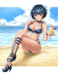 Rule 34 | 1girl, absurdres, artist name, bare shoulders, beach, bikini, black nails, black toenails, blue bikini, blunt bangs, blush, bow, bow bikini, bracelet, breasts, brown eyes, burnt green tea, choker, cloud, cloudy sky, collarbone, crossed legs, cup, drinking straw, eyelashes, eyeliner, female focus, fingernails, full body, high heel sandals, high heels, highres, holding, holding cup, jewelry, knees up, looking at viewer, makeup, medium breasts, nail polish, navel, parted lips, persona, persona 5, sand, sandals, shore, signature, sitting, sky, solo, swimsuit, takemi tae, thighs, toenail polish, toenails, toes, water