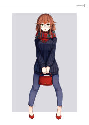 Rule 34 | 10s, 1girl, absurdres, bag, blush, breasts, capri pants, dress, enpera, flats, fringe trim, full body, glasses, grey-framed eyewear, grey background, hair flaps, handbag, highres, jitome, kantai collection, large breasts, legs apart, looking at viewer, noshiro (kancolle), open mouth, pants, plan (planhaplalan), red scarf, round eyewear, scarf, solo, standing, sweater, sweater dress, v arms