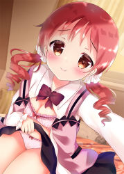 Rule 34 | 1girl, black skirt, blush, bow, bow bra, bow panties, bra, breasts, brown eyes, cleavage, closed mouth, clothes lift, collared shirt, commentary request, curtains, dutch angle, gochuumon wa usagi desu ka?, hair ribbon, indoors, lifted by self, long sleeves, looking at viewer, natsu megumi, panties, pillow, pink bra, pink panties, pink vest, polka dot, polka dot bra, polka dot panties, rabbit house uniform, reaching, reaching towards viewer, red bow, red hair, ribbon, rikatan, ringlets, selfie, shirt, sitting, skirt, skirt lift, sleeves past wrists, small breasts, smile, solo, twintails, underwear, uniform, vest, waitress, white ribbon, white shirt