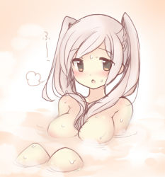 Rule 34 | 1girl, bad id, bad pixiv id, bath, blush, breasts, brown eyes, female focus, fire emblem, fire emblem awakening, gradient background, nintendo, nude, partially submerged, robin (female) (fire emblem), robin (fire emblem), solo, super smash bros., teu (navy), twintails, white background, white hair