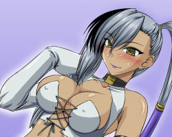 Rule 34 | 00s, 1girl, blush, breasts, bustier, center opening, cleavage, cleavage cutout, clothing cutout, code geass, corset top, criss cross front, dark skin, dark-skinned female, elbow gloves, covered erect nipples, front-tie top, gloves, grey hair, halter corset laceup top, halter corset top, lace up front, laceup top, laceups, large breasts, ponytail, solo, soushin souma, swimsuit, villetta nu, yellow eyes