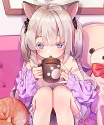 Rule 34 | 1girl, :o, agnamore, animal, animal ears, bad id, bad pixiv id, bare shoulders, black bow, blush, bow, cat, collarbone, commentary request, couch, cup, dress, eyebrows hidden by hair, fang, feet out of frame, grey hair, hair between eyes, hair bow, hands up, holding, holding cup, jacket, knees up, korean commentary, mug, off shoulder, on couch, open clothes, open jacket, original, parted lips, purple eyes, purple jacket, red bow, sitting, sleeveless, sleeveless dress, solo, strap slip, stuffed animal, stuffed toy, teddy bear, two side up, white dress