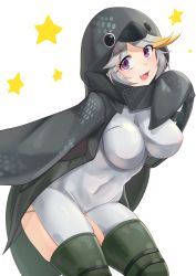 Rule 34 | 1girl, ajidot, animal costume, blonde hair, bodysuit, empress (last origin), grey hair, highres, impossible bodysuit, impossible clothes, last origin, looking at viewer, multicolored hair, open mouth, penguin costume, purple eyes, simple background, smile, solo, star (symbol), streaked hair, two-tone hair, white background