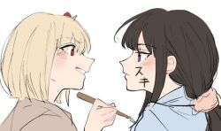 Rule 34 | 2girls, black hair, blonde hair, blush, brown shirt, closed mouth, commentary request, drawing on another&#039;s face, eye contact, from side, grin, inoue takina, long hair, looking at another, lycoris recoil, medium hair, multiple girls, nishikigi chisato, parted lips, profile, purple eyes, red eyes, shiratama draw, shirt, simple background, smile, translation request, upper body, white background