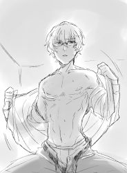 Rule 34 | 1boy, bad id, bad pixiv id, belt, blush, briefs, collared shirt, dress shirt, glasses, greyscale, hazama michio, idolmaster, idolmaster side-m, jintaso, long sleeves, looking at viewer, male focus, male underwear, monochrome, nipples, open clothes, open fly, open shirt, pants, parted lips, pov, shirt, solo, underwear, undressing, wall