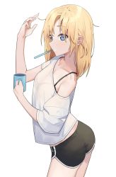 Rule 34 | 1girl, black bra, black shorts, blonde hair, blue eyes, blush, bra, brushing teeth, casual, cowboy shot, cup, fingernails, hand up, highres, holding, holding cup, hololive, hololive english, looking at viewer, mug, off shoulder, see-through, see-through shirt, shirt, short shorts, shorts, simple background, solo, syhan, t-shirt, toothbrush, toothbrush in mouth, underwear, virtual youtuber, waking up, watson amelia, white background, white shirt