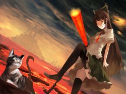 Rule 34 | 1girl, arm cannon, ass, bad id, bad pixiv id, bow, brown hair, cat, chireiden, cloud, female focus, hair bow, high heels, long hair, lava, multiple tails, outdoors, panties, reiuji utsuho, shoes, skirt, sky, solo, sword, tail, thighhighs, touhou, underwear, weapon, yasumo (kuusouorbital)