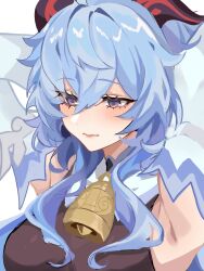Rule 34 | 1girl, ahoge, armpit crease, armpits, bell, blue hair, blush, bodystocking, breasts, closed mouth, cowbell, detached sleeves, ganyu (genshin impact), genshin impact, goat horns, hair between eyes, highres, horns, long hair, looking at viewer, neck bell, purple eyes, rei (sss35 ss3), sidelocks, solo, white sleeves
