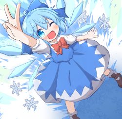 Rule 34 | 1girl, ahoge, arm up, blue bow, blue dress, blue eyes, blue hair, blush, bow, brown footwear, cirno, collared shirt, coruthi, detached wings, dress, fairy, hair between eyes, hair bow, highres, ice, ice wings, one eye closed, open mouth, puffy short sleeves, puffy sleeves, shirt, shoes, short hair, short sleeves, smile, snowflakes, solo, touhou, v, white shirt, wings