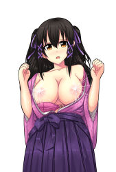Rule 34 | 1girl, absurdres, black hair, blush, bra, bra pull, breasts, breasts out, brown eyes, clothes pull, female focus, highres, japanese clothes, lactation, large breasts, long hair, looking at viewer, nipples, open clothes, open mouth, original, solo, underwear, yom-kyunkyunartworks