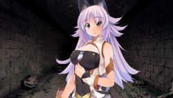 Rule 34 | 1girl, animal ears, atelier-moo, bare shoulders, blush, breasts, closed mouth, detached sleeves, dungeon, grey eyes, highres, large breasts, long hair, long sideburns, mana (our battle has just begun!), narrow waist, our battle has just begun!, purple hair, sideburns, sleeveless, smile, solo, upper body, very long hair, wolf ears, wolf girl