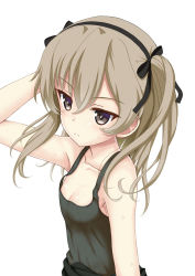 Rule 34 | 10s, 1girl, arm up, bare arms, bare shoulders, black hairband, black ribbon, black tank top, blush, brown eyes, brown hair, closed mouth, collarbone, commentary request, flipper, girls und panzer, hair between eyes, hair ribbon, hairband, long hair, looking at viewer, ribbon, shimada arisu, simple background, solo, sweat, tank top, two side up, v-shaped eyebrows, white background