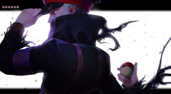 Rule 34 | 1boy, black coat, black hat, blurry, coat, commentary request, creatures (company), from side, game freak, grey eyes, half-closed eyes, hand on headwear, hat, high collar, highres, holding, holding poke ball, hwiryang, ingo (pokemon), looking back, male focus, nintendo, peaked cap, poke ball, poke ball symbol, pokemon, pokemon legends: arceus, short hair, solo, torn clothes, torn coat, trench coat
